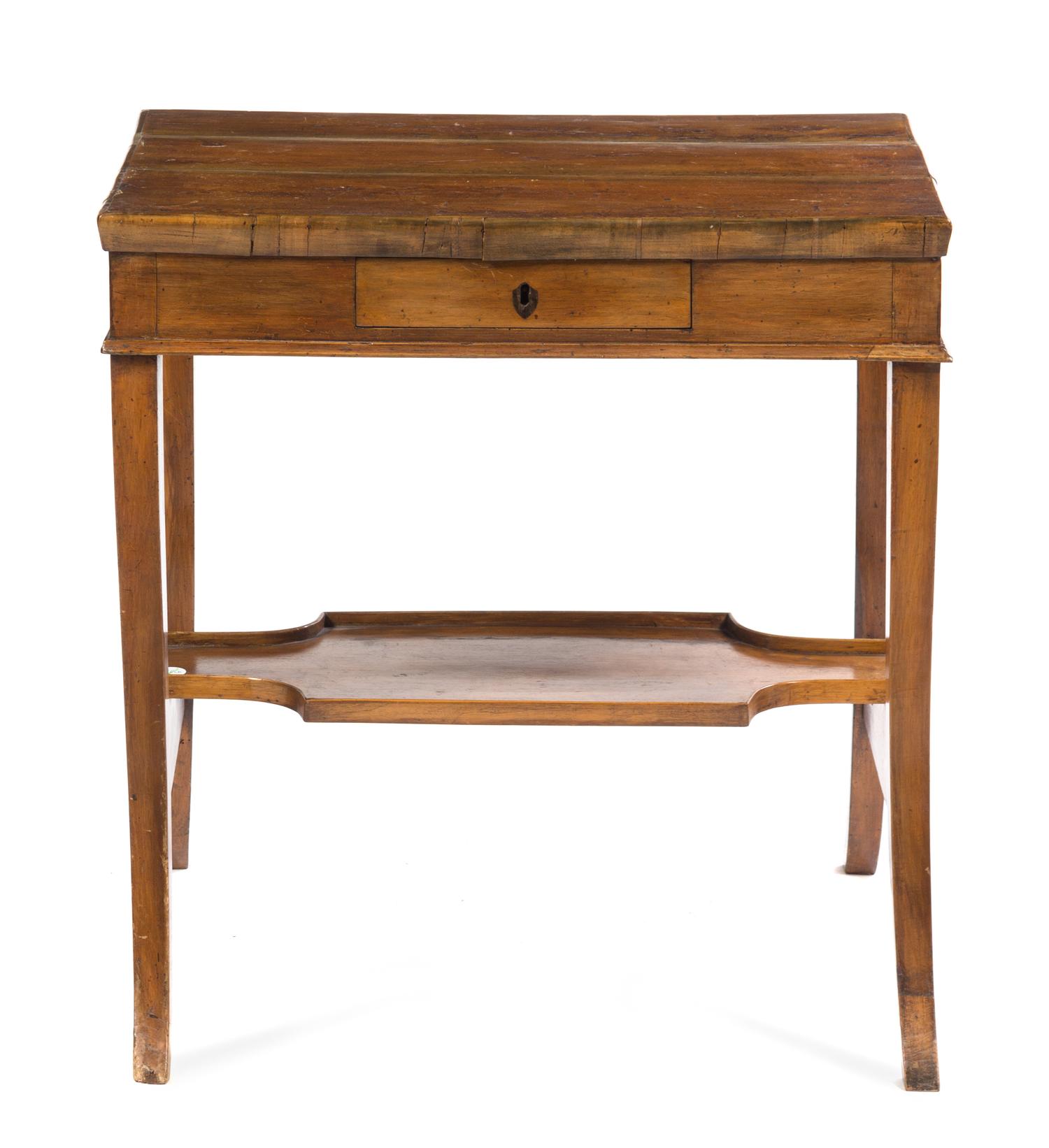 A Continental Fruitwood Occasional Table Height 26 1/2 x width 25 1/2 x depth 18 inches.