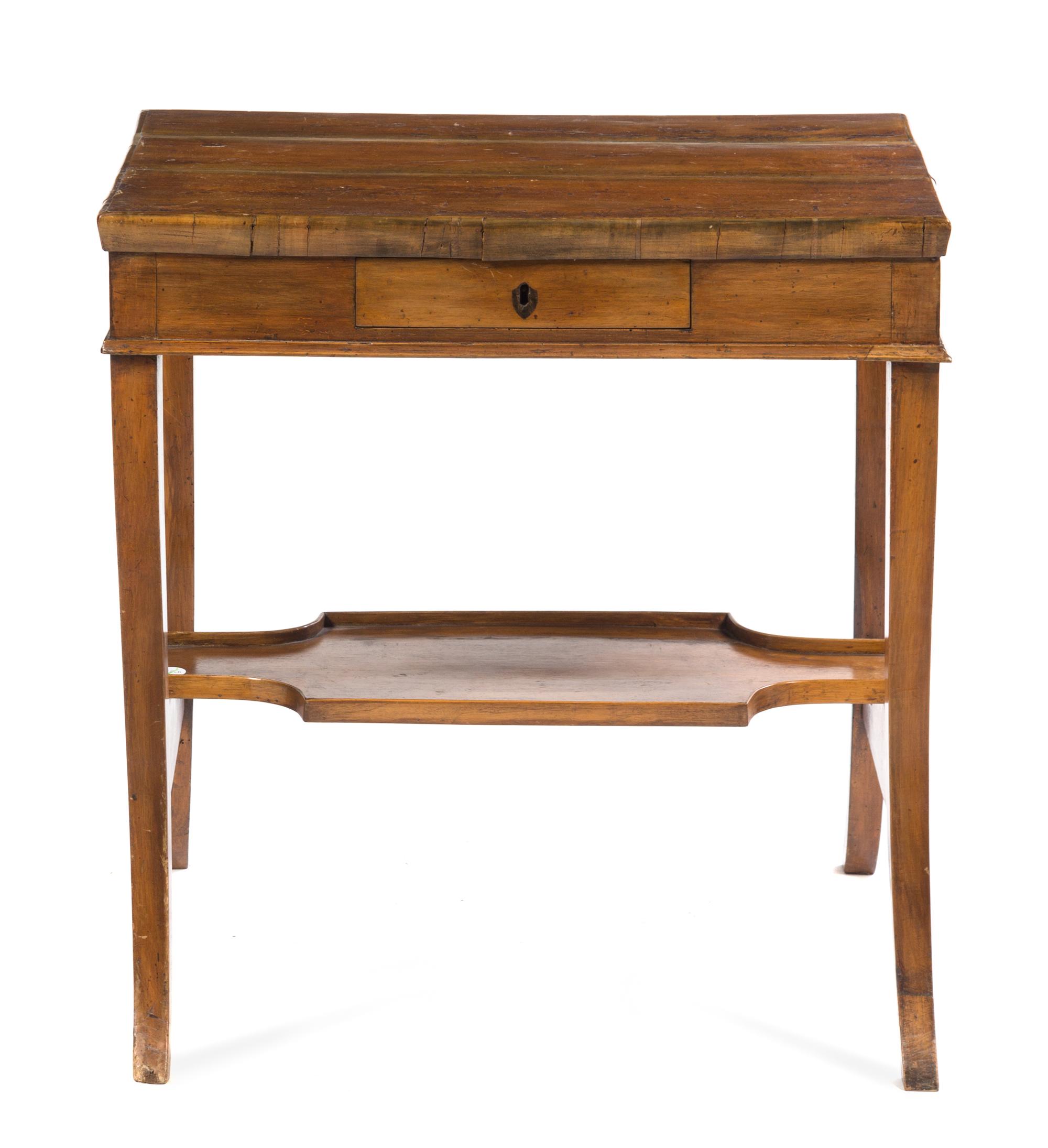 A Continental Fruitwood Occasional Table Height 26 1/2 x width 25 1/2 x depth 18 inches.