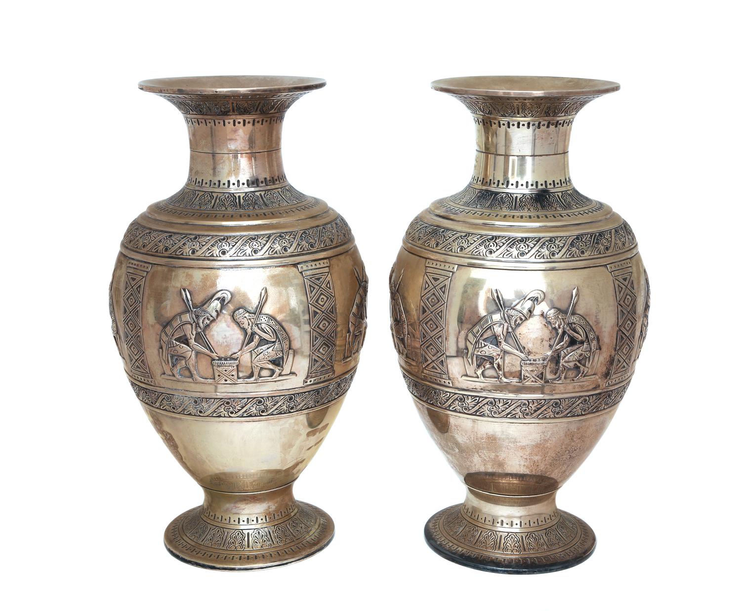 A Pair of Italian Silver Vases Height 20 1/2 inches. — Padna, 20th Century
