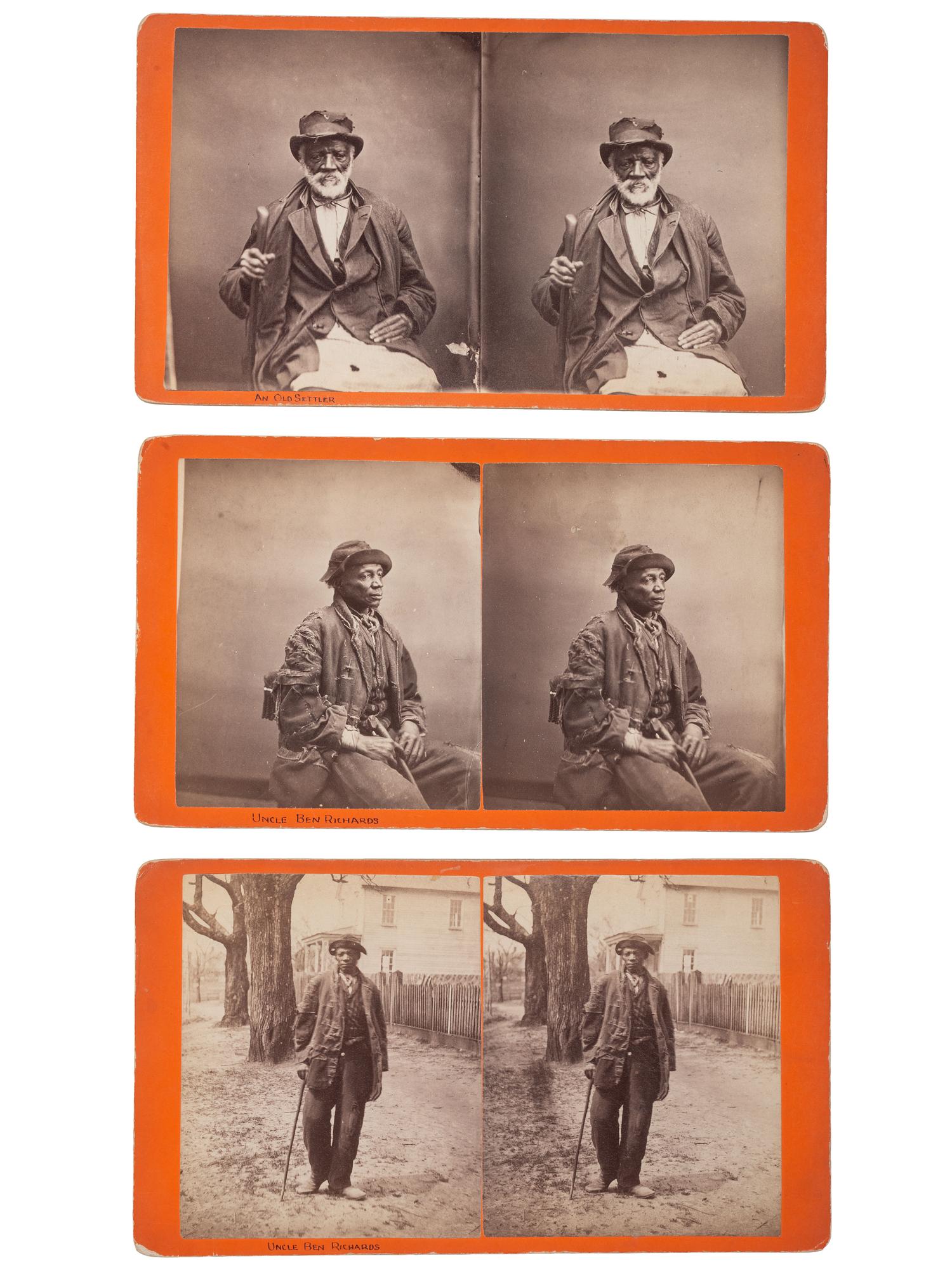 [EARLY PHOTOGRAPHY]. PALMER, J.A. (1825-1896), photographer. A group of 3 stereoviews of African American subjects, incl. intimate portraits of "An Old Settler" and "Uncle Ben Richards." Aiken, SC: ca 1870s-1880s.
