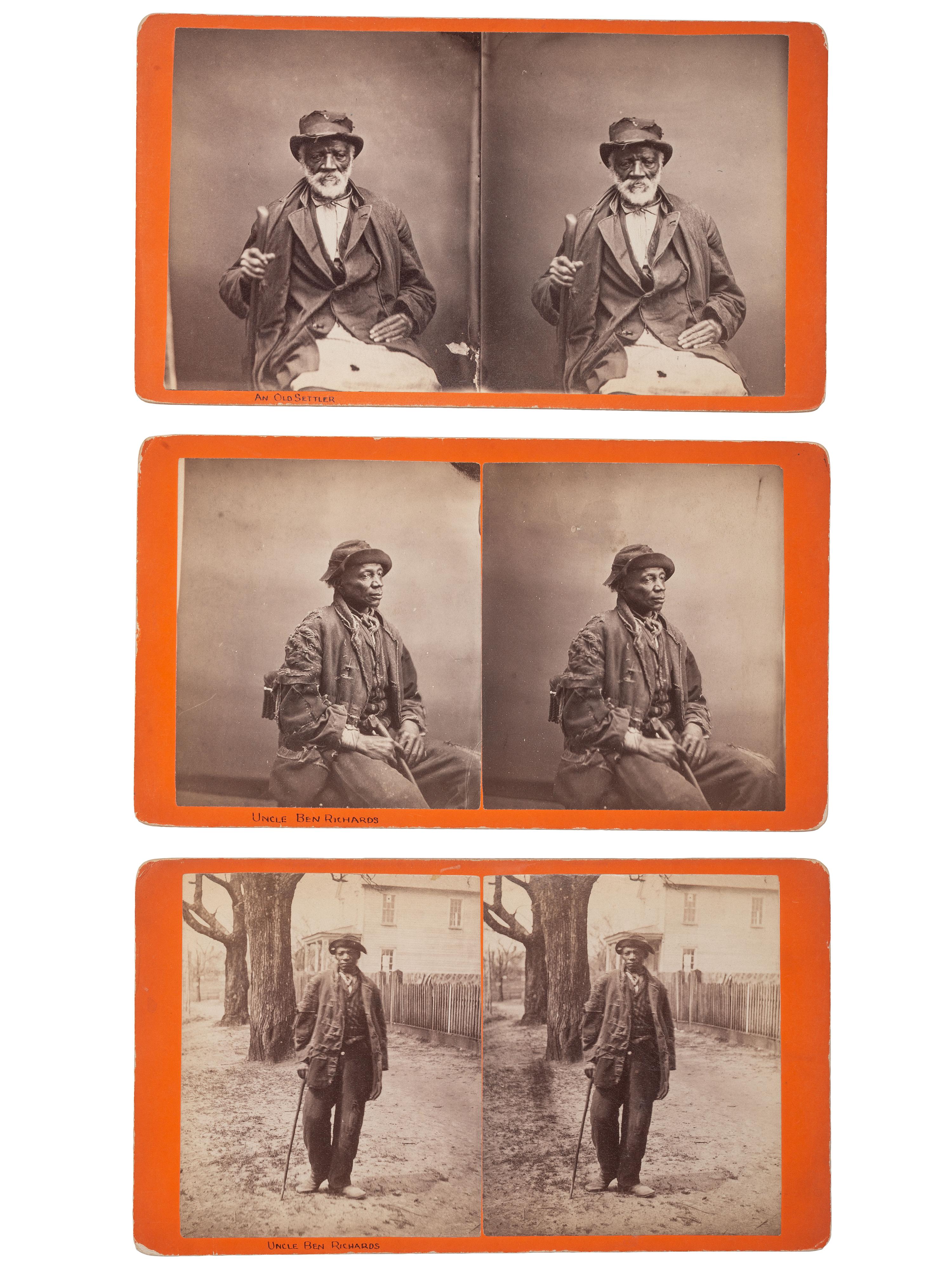 [EARLY PHOTOGRAPHY]. PALMER, J.A. (1825-1896), photographer. A group of 3 stereoviews of African American subjects, incl. intimate portraits of "An Old Settler" and "Uncle Ben Richards." Aiken, SC: ca 1870s-1880s.