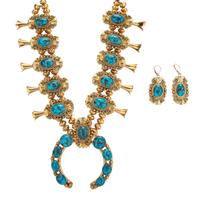 18k Gold and Turquoise Squash Blossom Necklace and Matching Earrings Lot is located and will ship from Denver, Colorado.