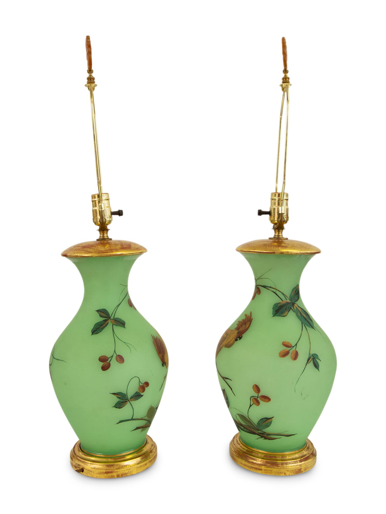 A Pair of French Green Opaline Glass Vases, Now Mounted as Lamps