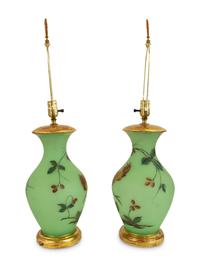 A Pair of French Green Opaline Glass Vases, Now Mounted as Lamps
