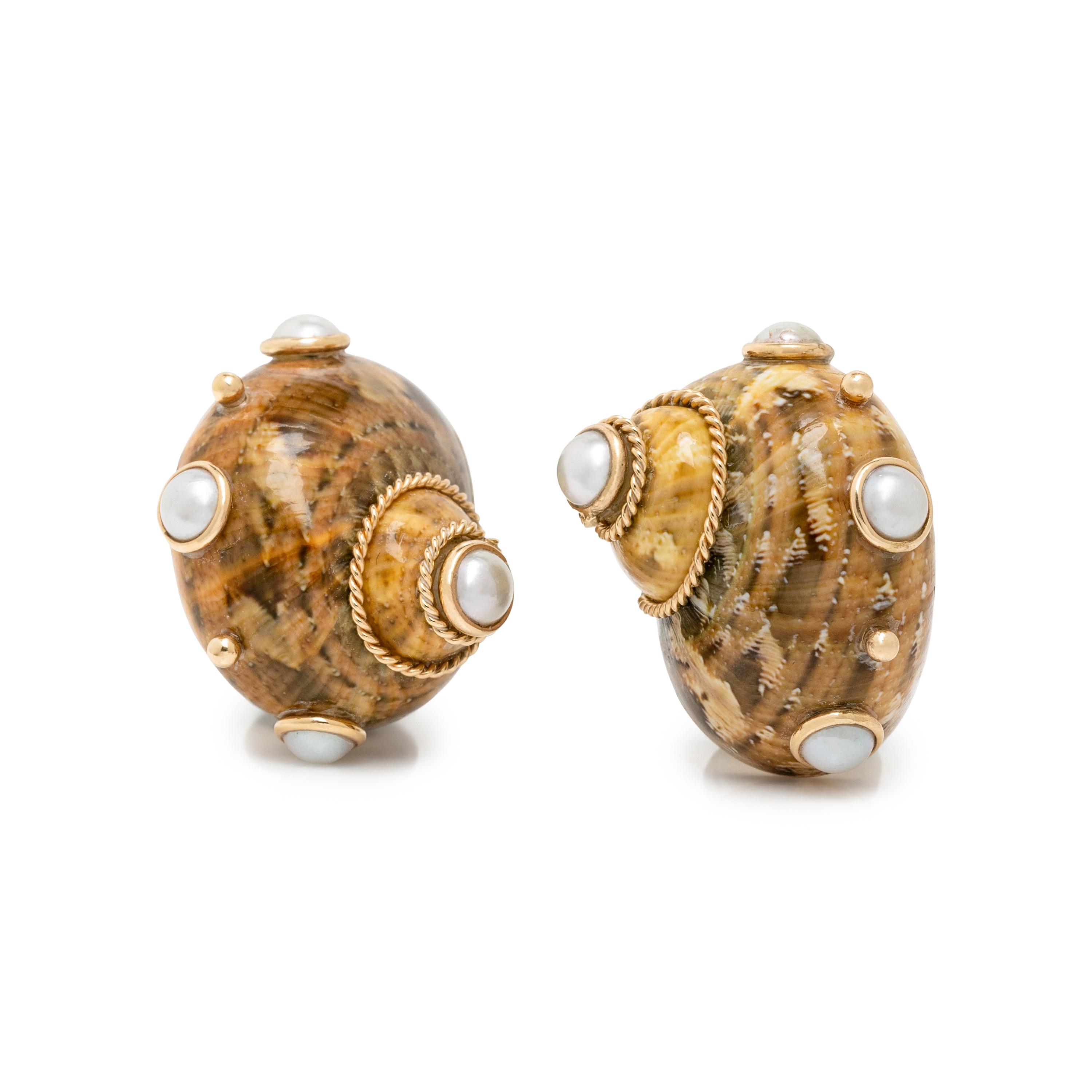 MAZ, TURBO SHELL AND CULTURED PEARL EARRINGS