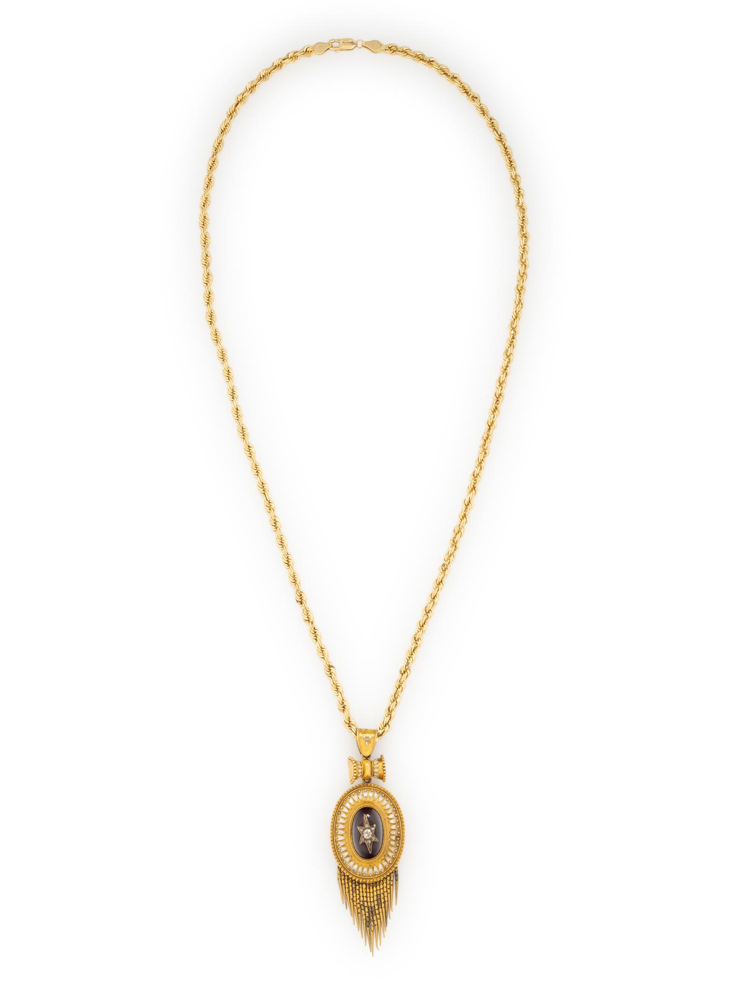VICTORIAN, GOLD, GARNET, ENAMEL AND DIAMOND PENDANT ON LATER CHAIN