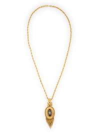 VICTORIAN, GOLD, GARNET, ENAMEL AND DIAMOND PENDANT ON LATER CHAIN