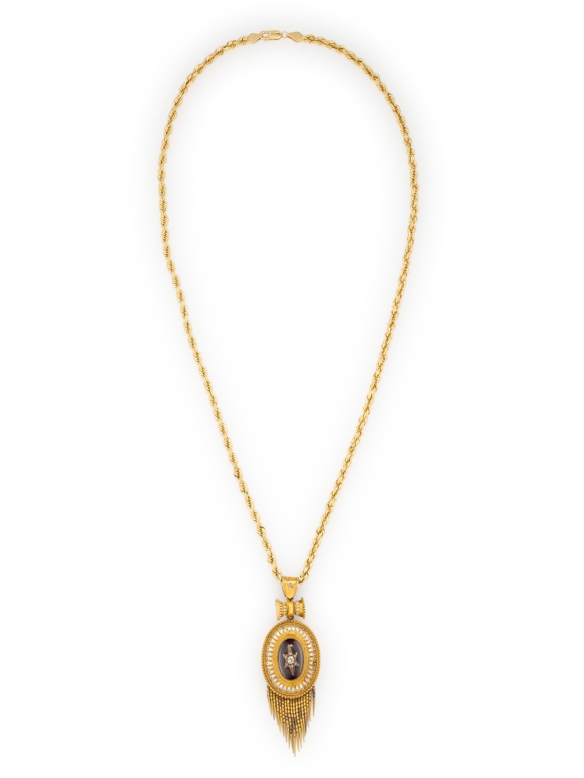 VICTORIAN, GOLD, GARNET, ENAMEL AND DIAMOND PENDANT ON LATER CHAIN