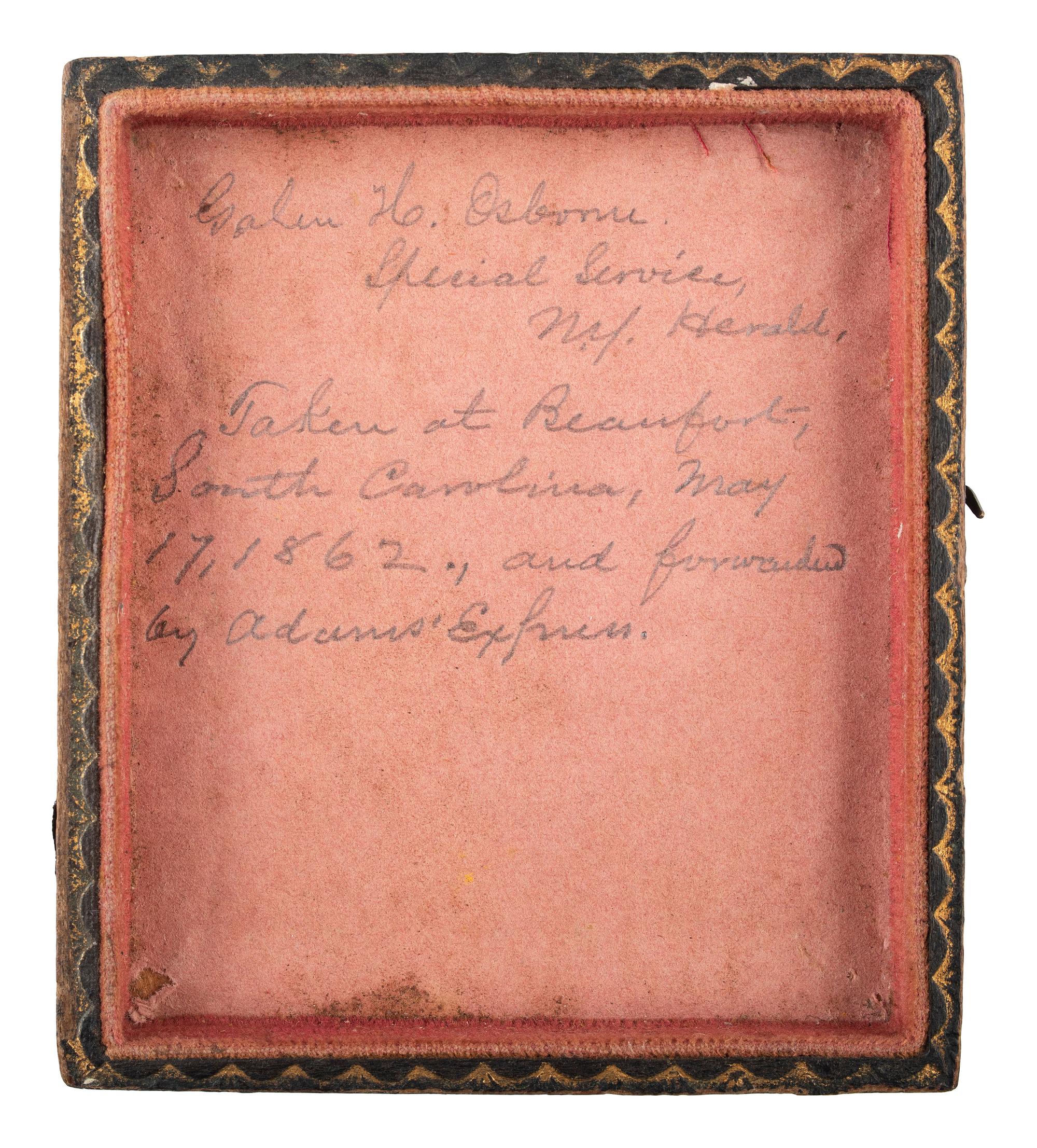 [CIVIL WAR] -- [AFRICAN AMERICANA]. Sixth plate tintype of Galen H. Osborne, Special Service, New York Herald , with partial letter referencing African American Robert Smalls' commandeering of the CSS Planter . May 1862.