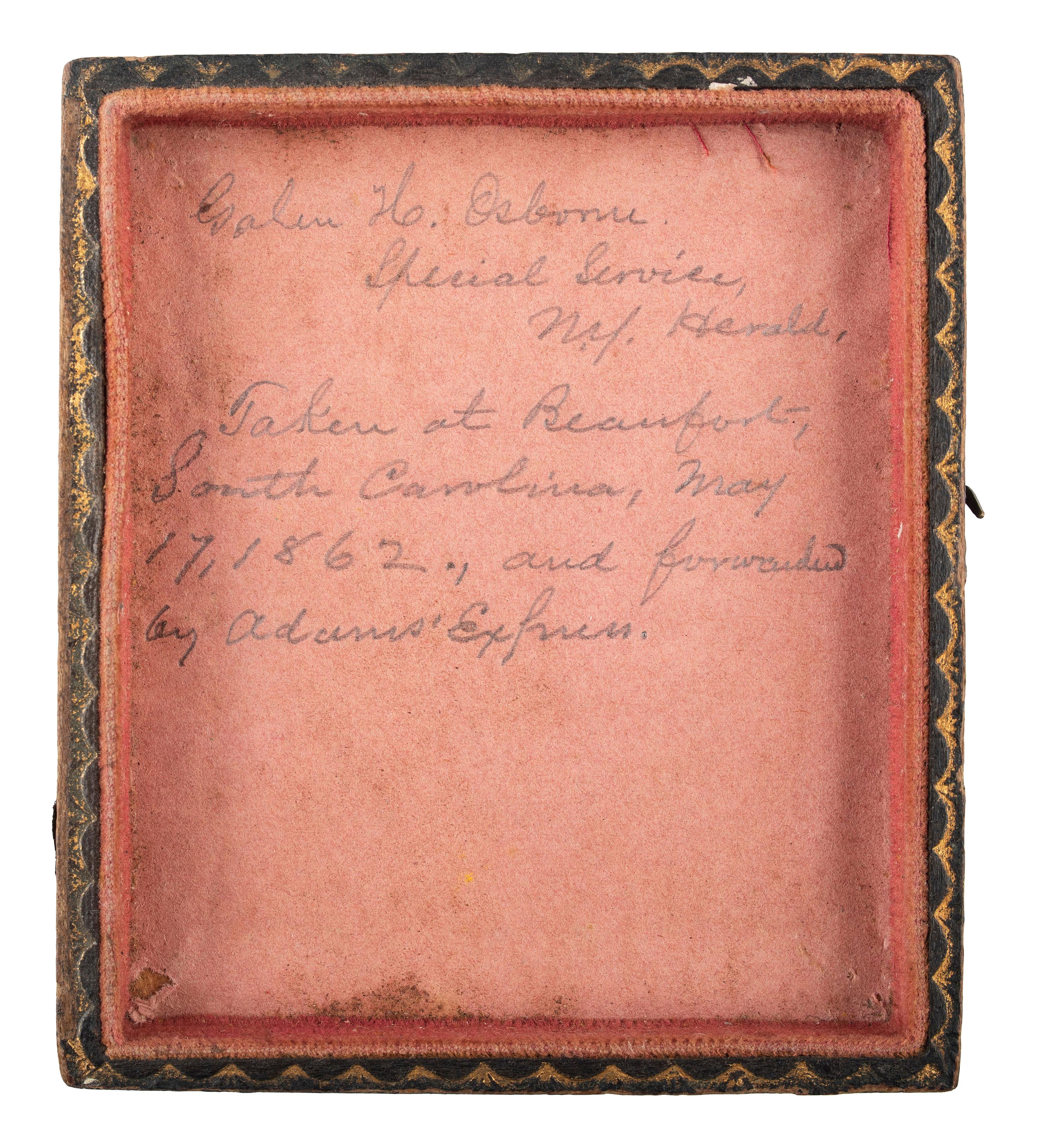 [CIVIL WAR] -- [AFRICAN AMERICANA]. Sixth plate tintype of Galen H. Osborne, Special Service, New York Herald , with partial letter referencing African American Robert Smalls' commandeering of the CSS Planter . May 1862.