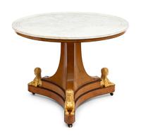 A Charles X Amboyna, Amaranth and Parcel Gilt Marble-Top Center Table