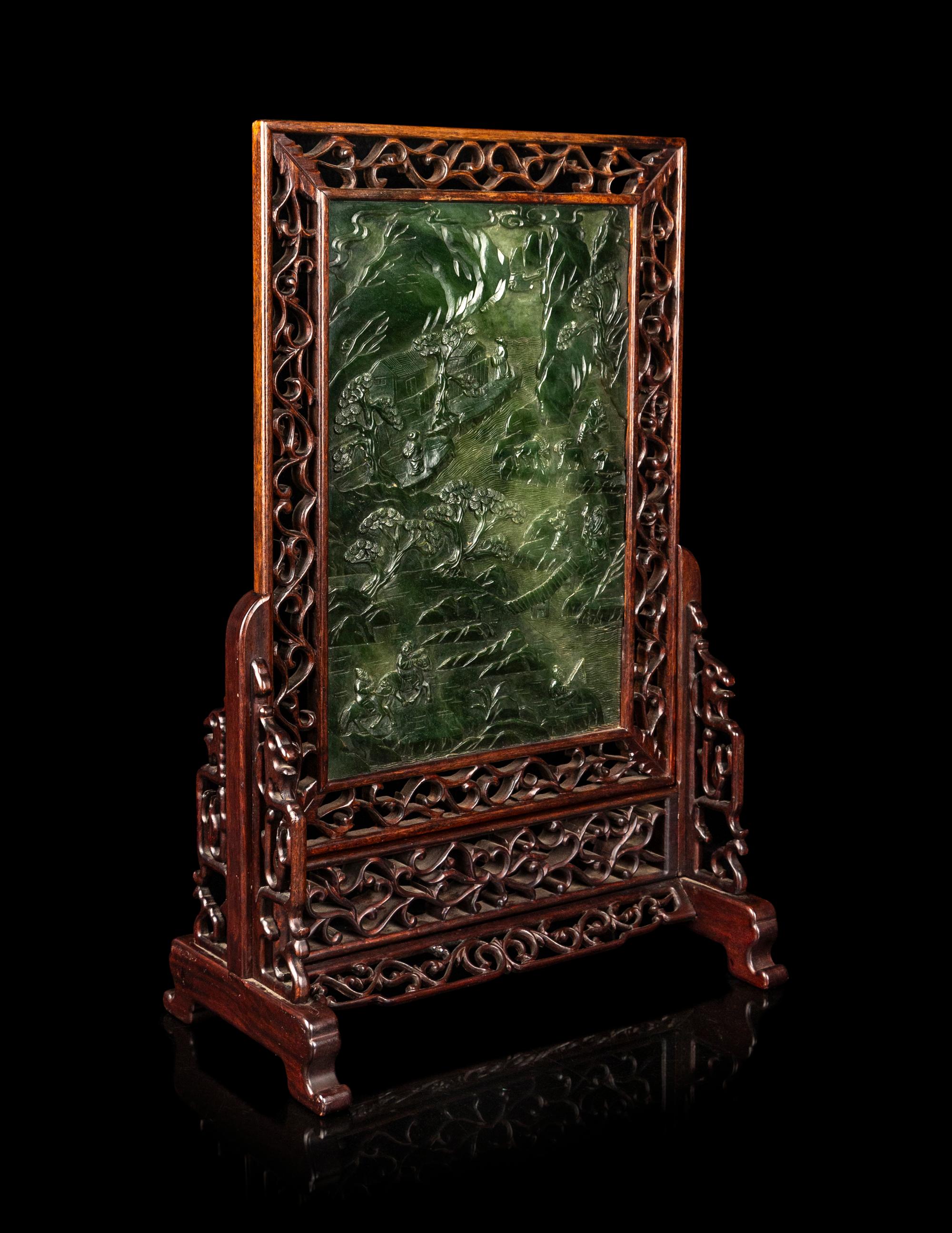 A Large Chinese Spinach Jade Inset Table Screen