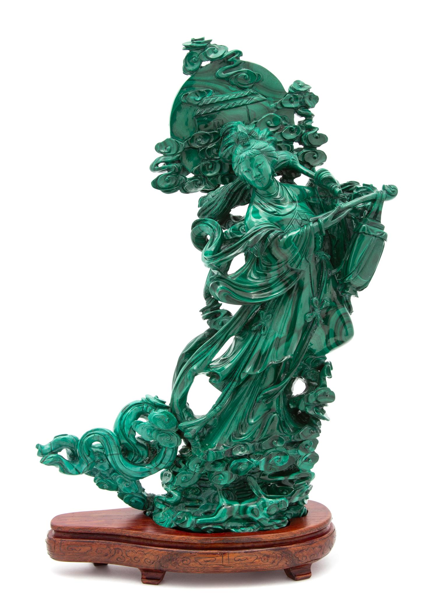 A Chinese Carved Malachite Figure of an Immortal Height 12 1/2 x width 9 x depth 3 1/2 inches. — 20TH CENTURY