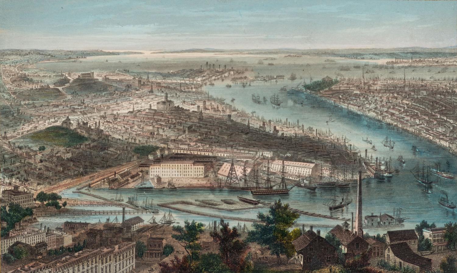 [MAPS & ATLASES]. [MAGNUS, Charles (1826-1900)]. A group of 7 hand-color deluxe presentation city views, incl. San Francisco. [ With :] [BORNET, John]. [ City of Brooklyn ]. Hand-colored lithograph.