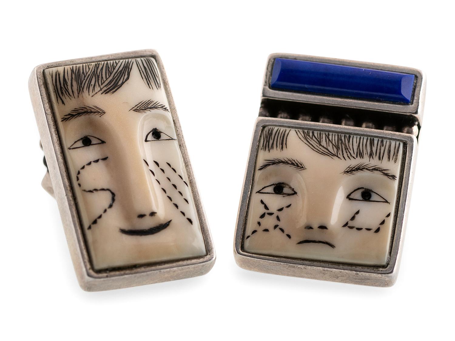 Sterling Silver Post Earrings, with Carved Faces
