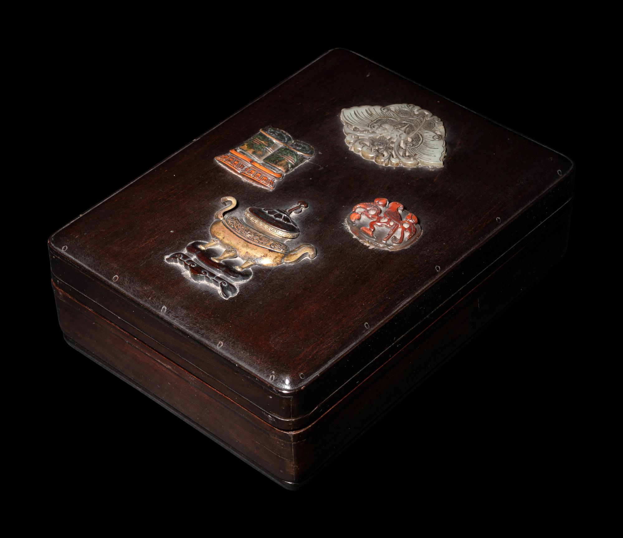 A Chinese Jade, Hardstone and Bronze Inset Lacquered Wood Covered Box
