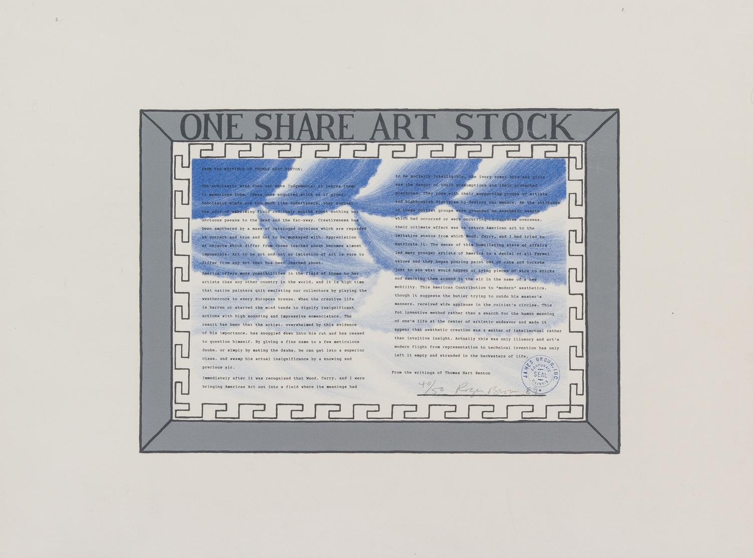Roger Brown, (American, b. 1955), One Share Art Stock, 1989 (together with Play, 1989 by Richard Hull (American, b. 1955)