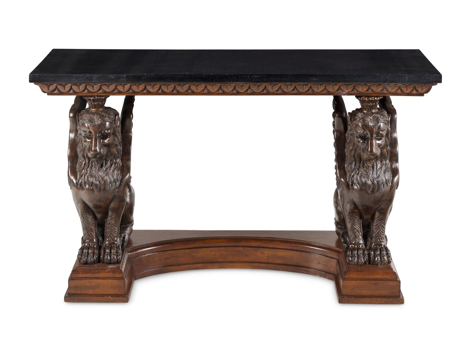 A Carved Wood Console Table with Lion Supports
