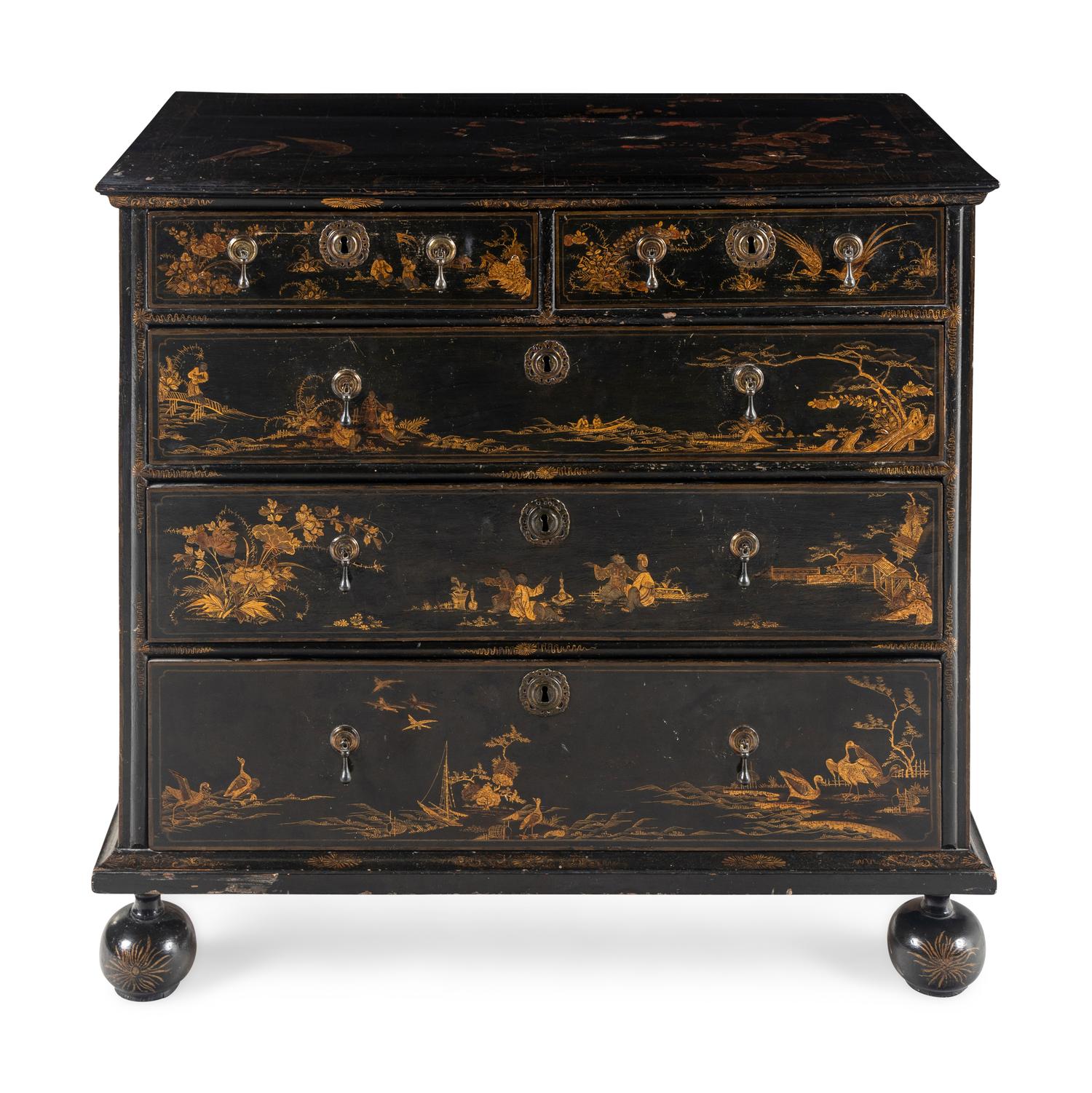 A William and Mary Black and Gilt-Japanned Chest of Drawers