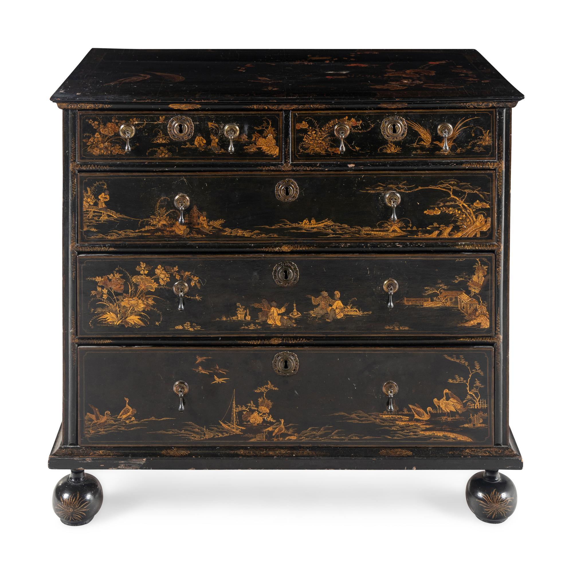 A William and Mary Black and Gilt-Japanned Chest of Drawers