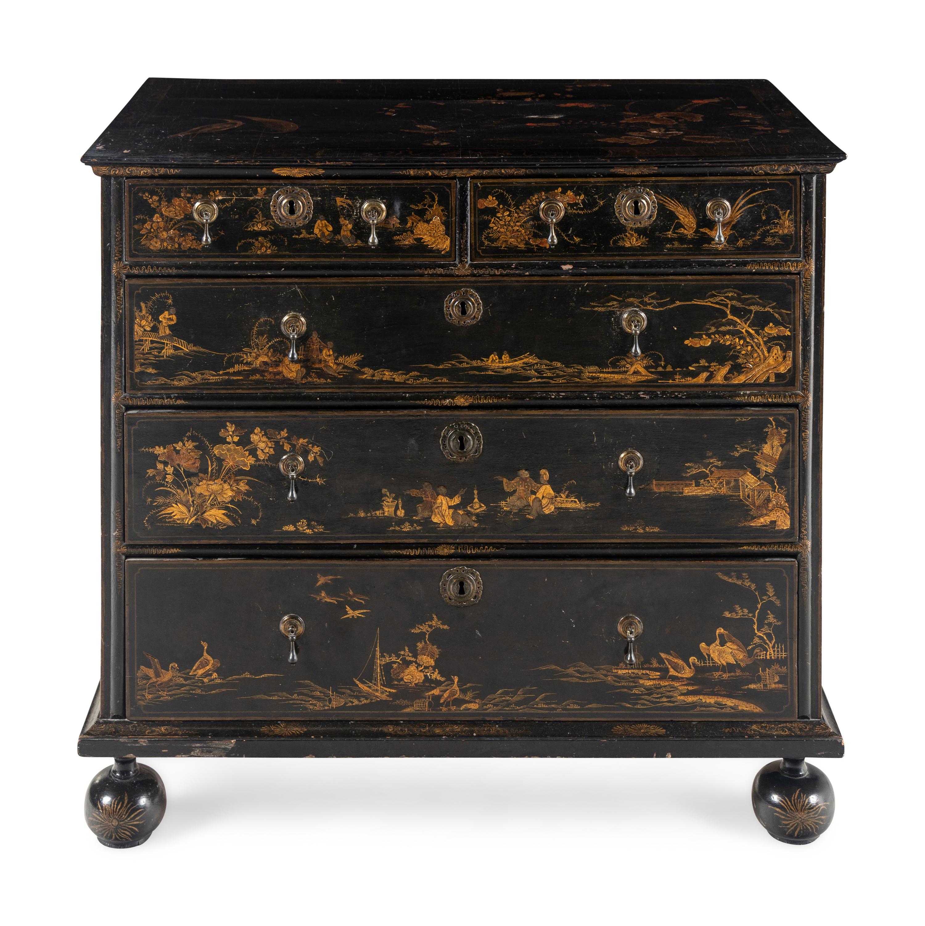 A William and Mary Black and Gilt-Japanned Chest of Drawers