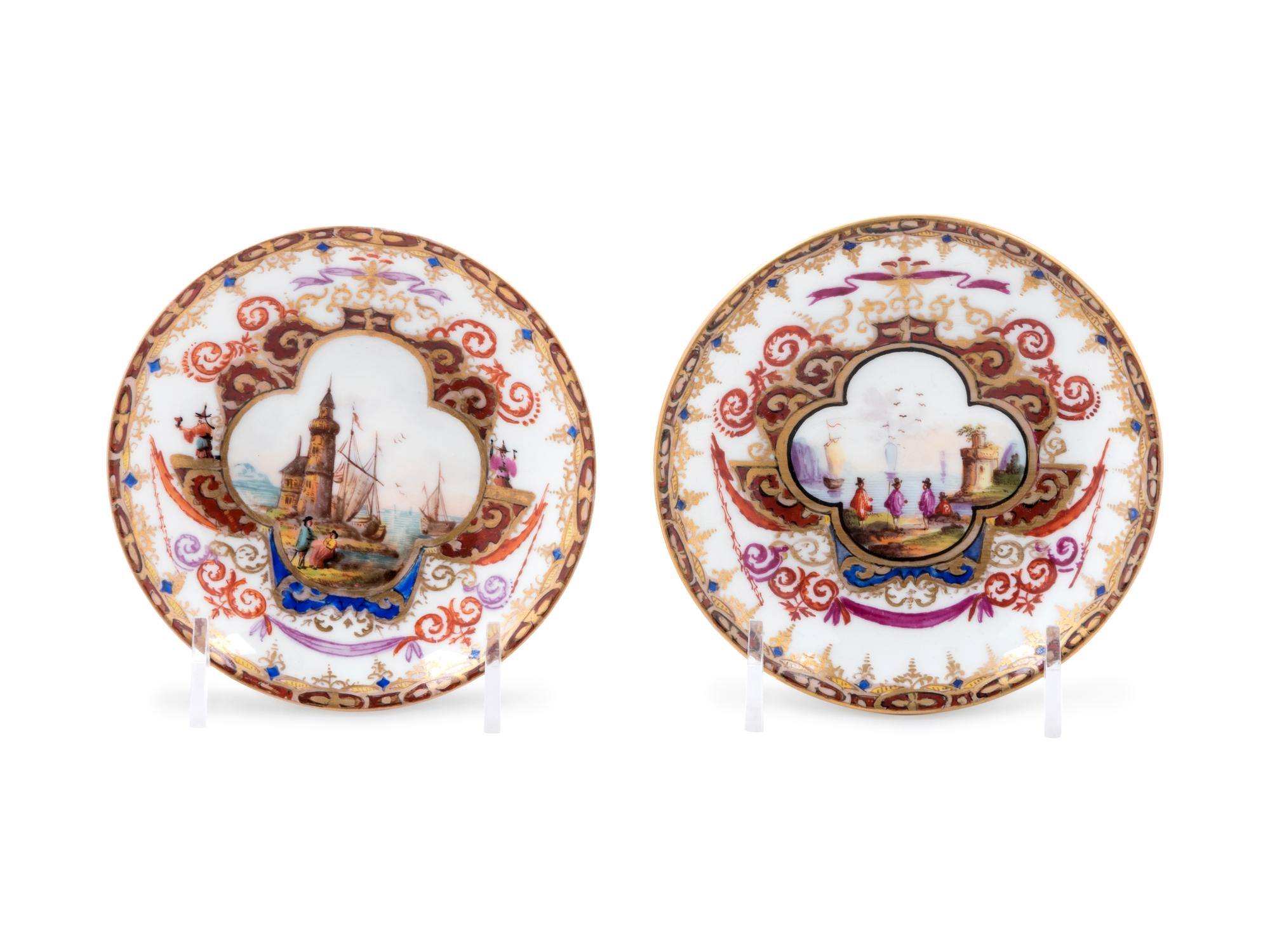 A Pair of Meissen Painted and Parcel Gilt Porcelain Dishes