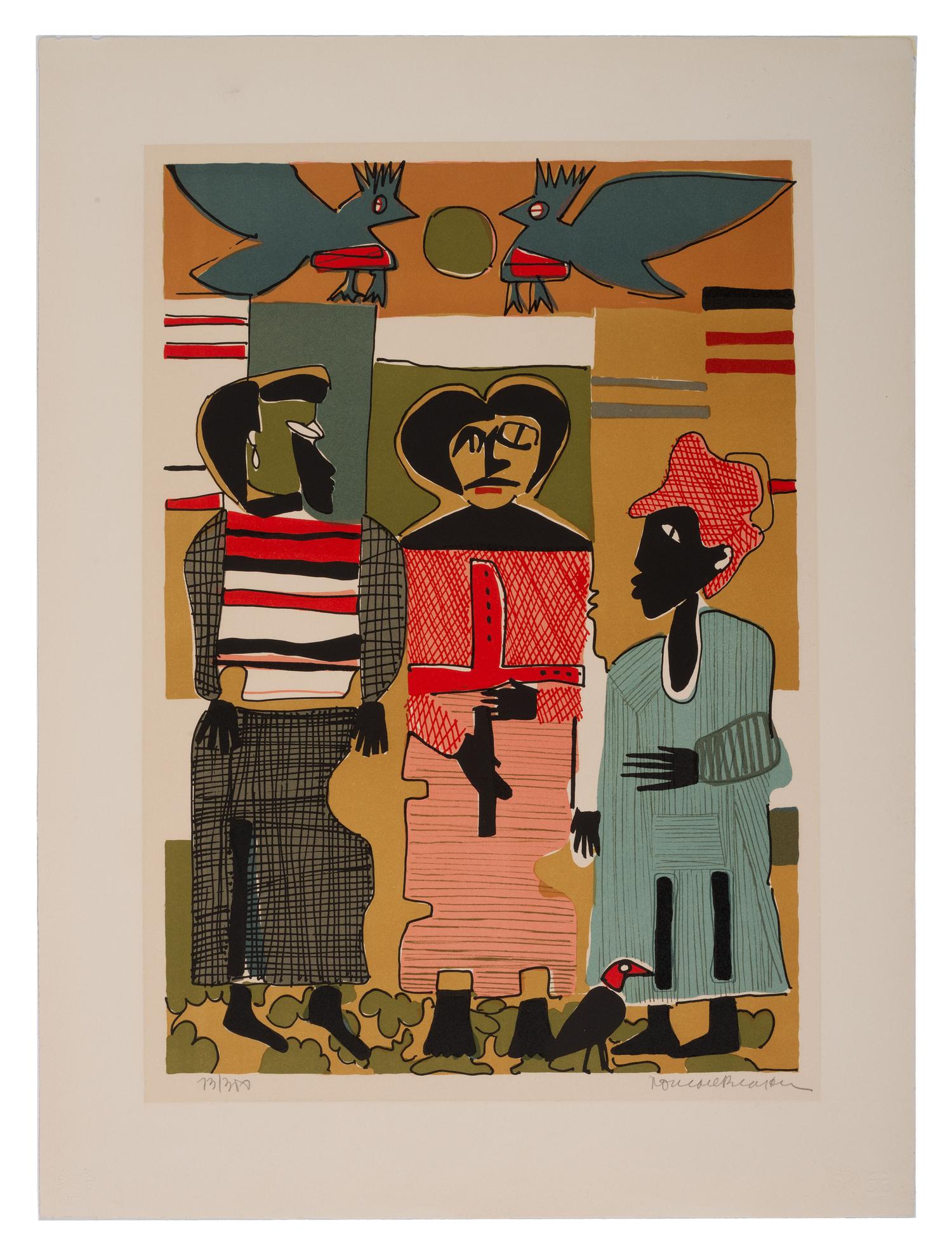 BEARDEN, Romare (1911-1988), artist. Firebirds . Signed print. [1979].
