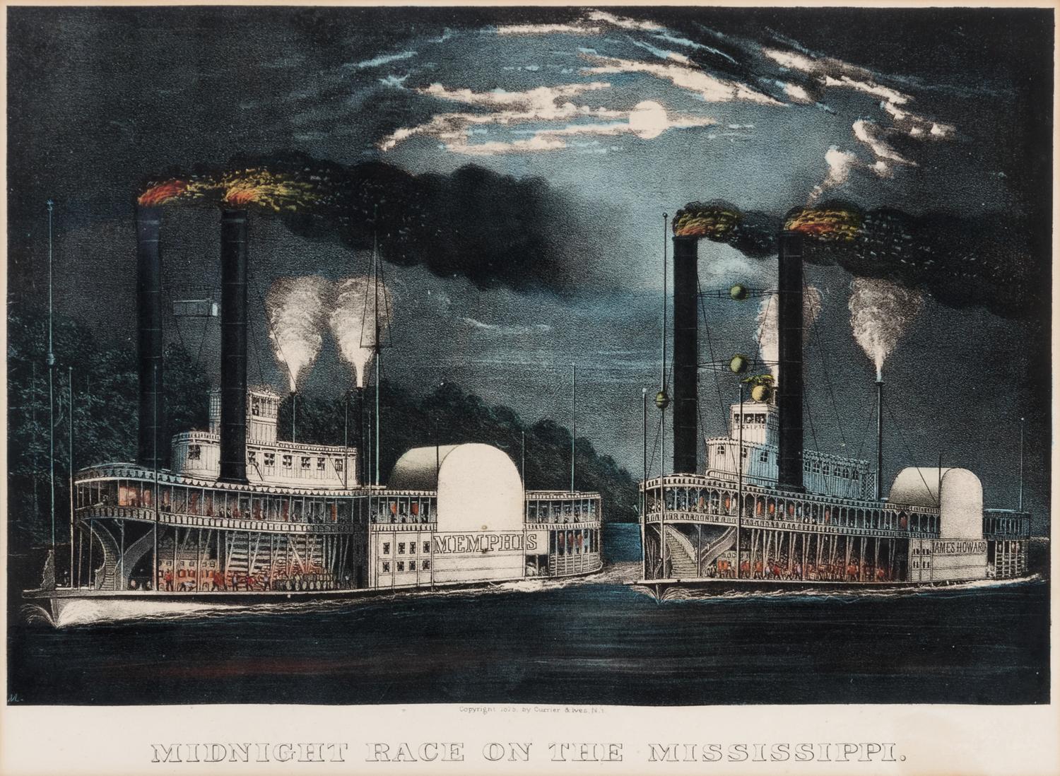 CURRIER and IVES, publishers A Midnight Race on the Mississippi. New York, c. 1870.