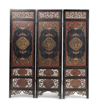 Three Chinese Jade, Hardstone, and Cloisonne-Embellished Screen Panels, 20th Century — 黑漆地嵌寳博古圖屏風三扇