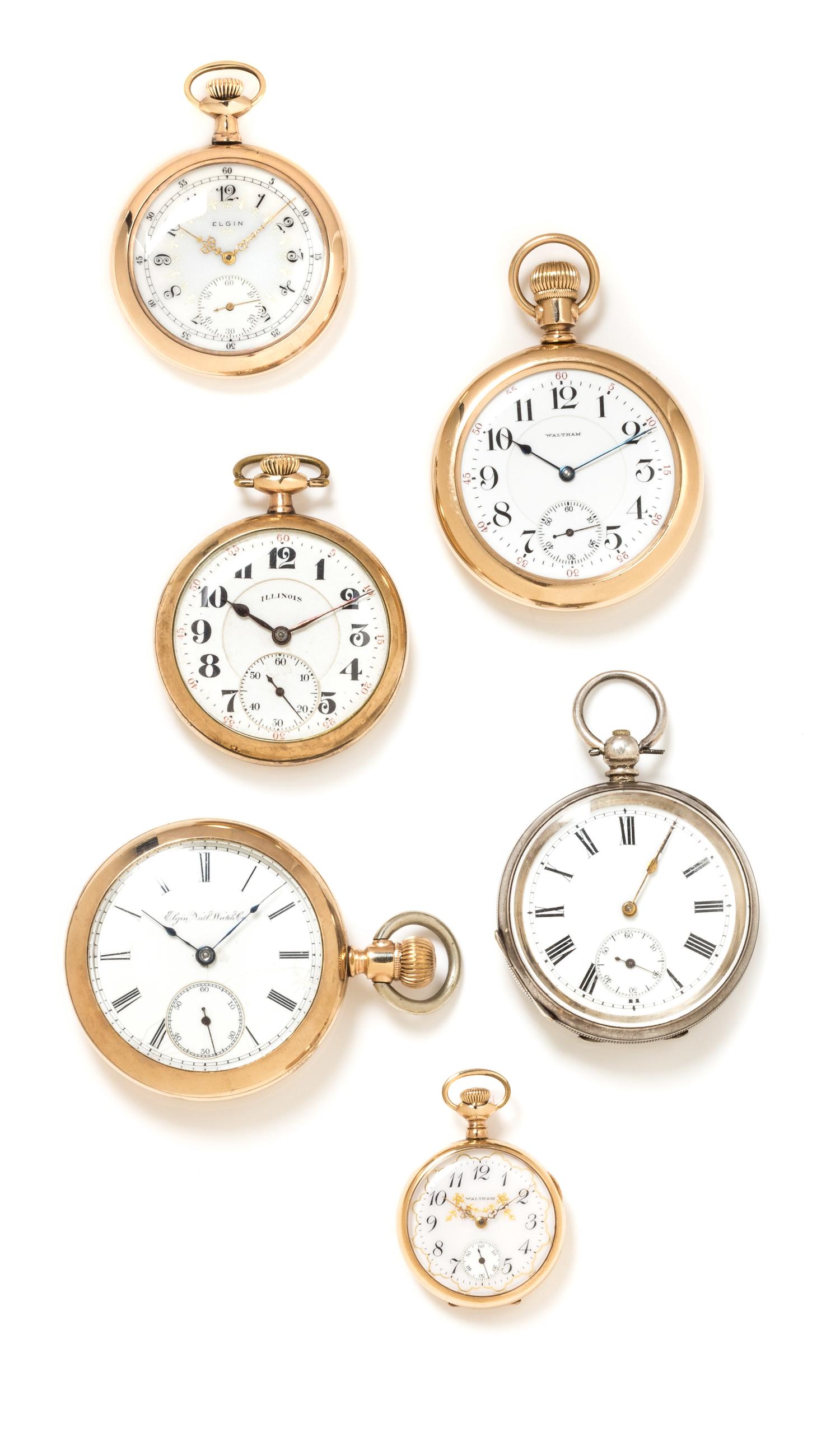 A Collection of Gold Filled and Silver Open Face Pocket Watches, Waltham, Elgin and Illinois, 326.00 dwts.