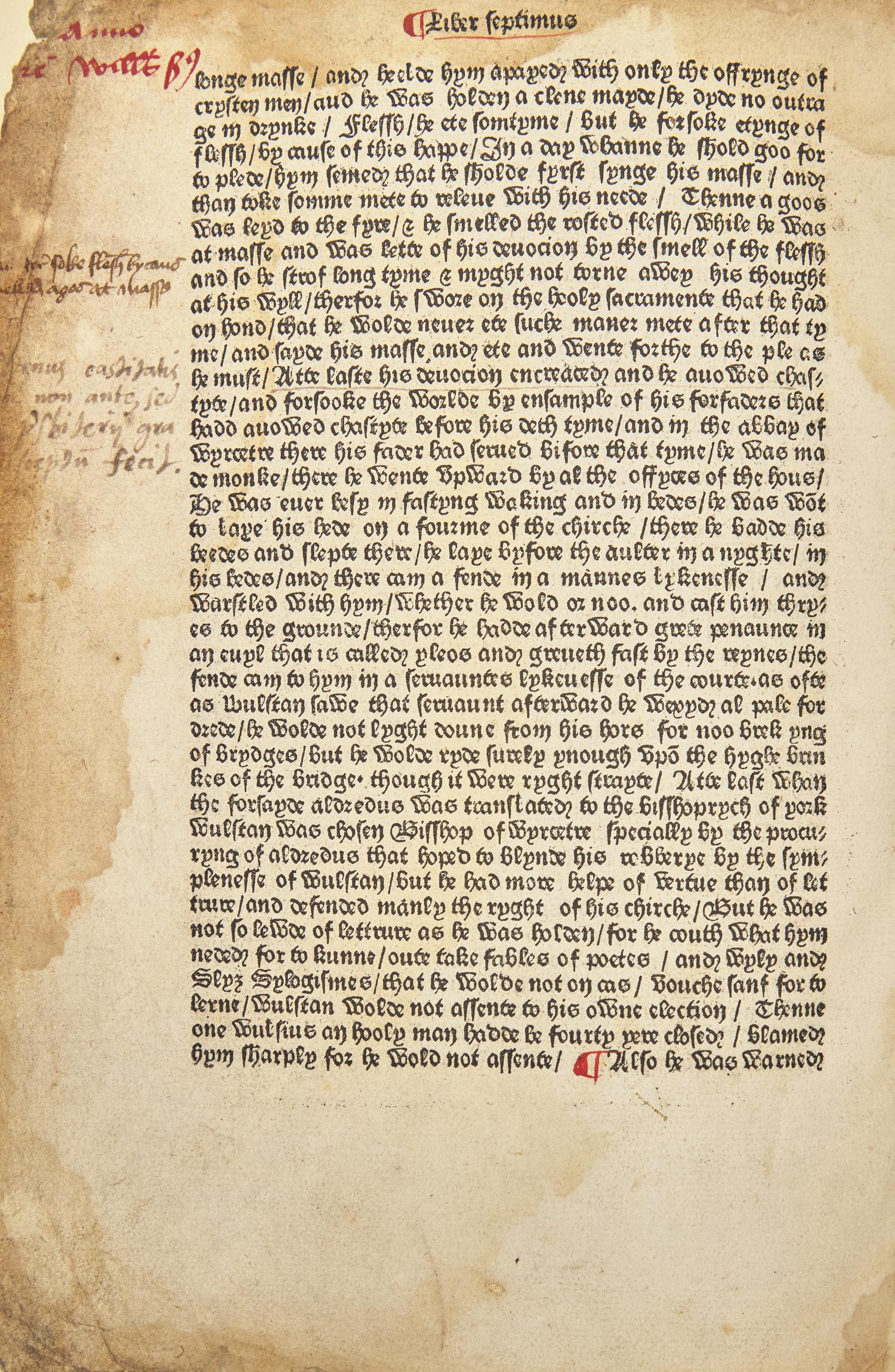 [Incunabula] [Caxton, William] (Higden, Ralph). An Original Leaf From Caxton's 1482 "Polychronicon"