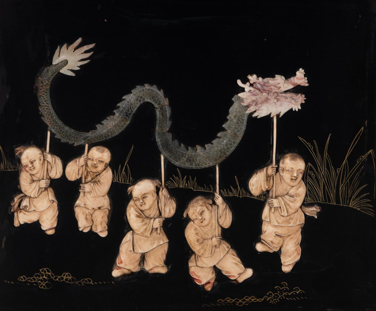A Chinese Bone and Hardstone Inset Six-Panel Floor Screen