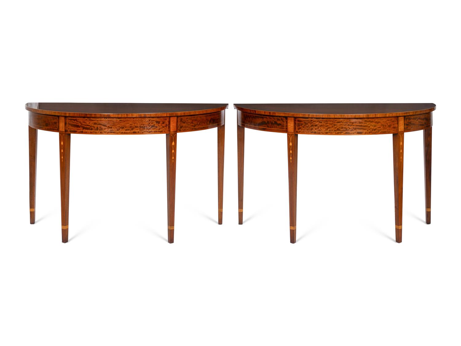 A Pair of English Satinwood-Inlaid Mahogany Demilune Serving Tables
