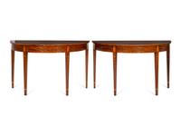 A Pair of English Satinwood-Inlaid Mahogany Demilune Serving Tables