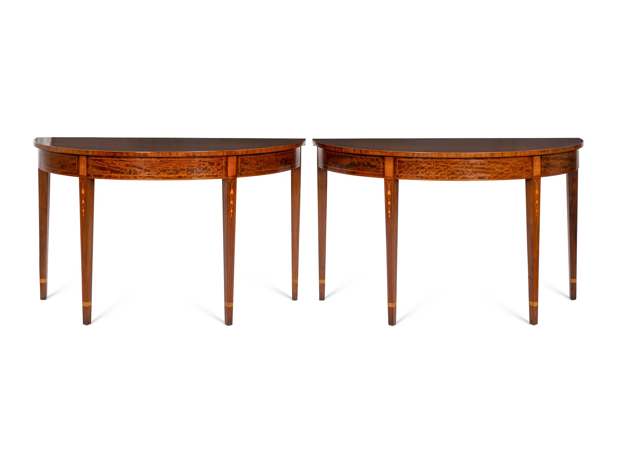 A Pair of English Satinwood-Inlaid Mahogany Demilune Serving Tables