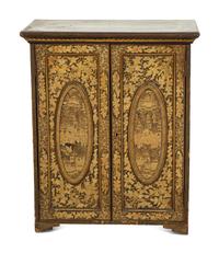 An English Black and Gilt Chinoiserie Decorated Cabinet with Interior Drawers