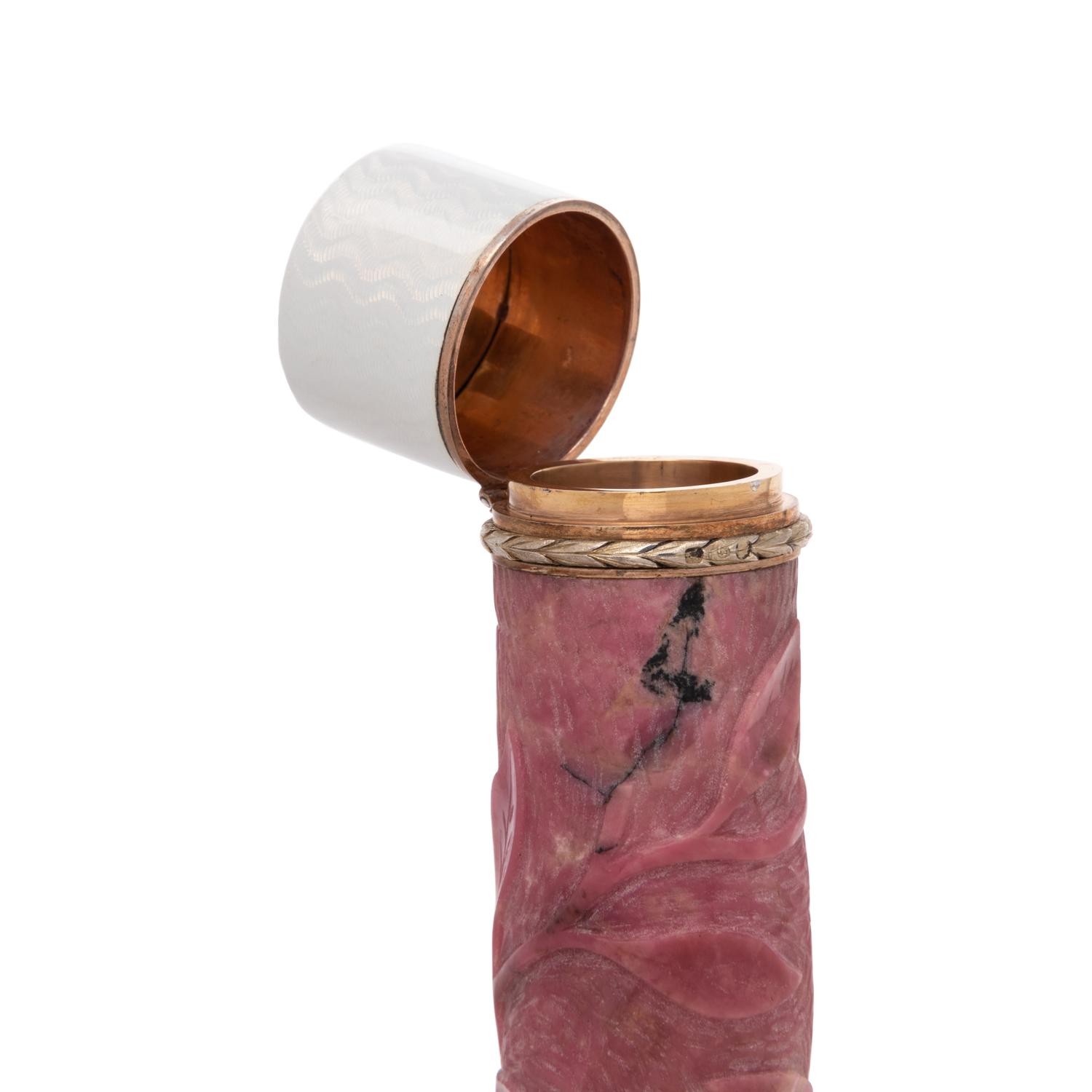 A Russian Silver Gilt and Guilloche Enamel Mounted Carved Rhodonite Cigar Holder