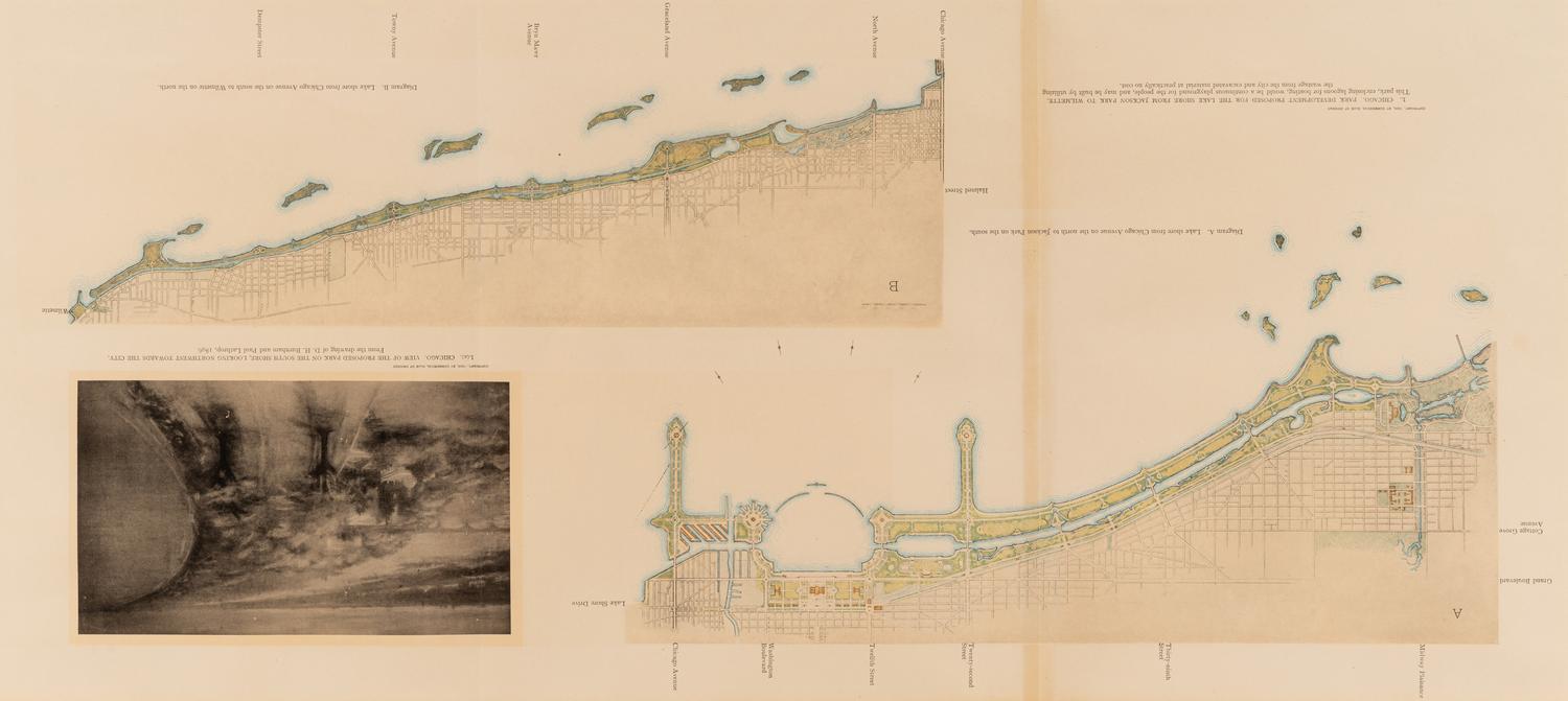 [CHICAGO]. BURNHAM, Daniel. A group of 6 prints and elevations from Burnham's Plan of Chicago , published by the Commercial Club of Chicago, 1909.