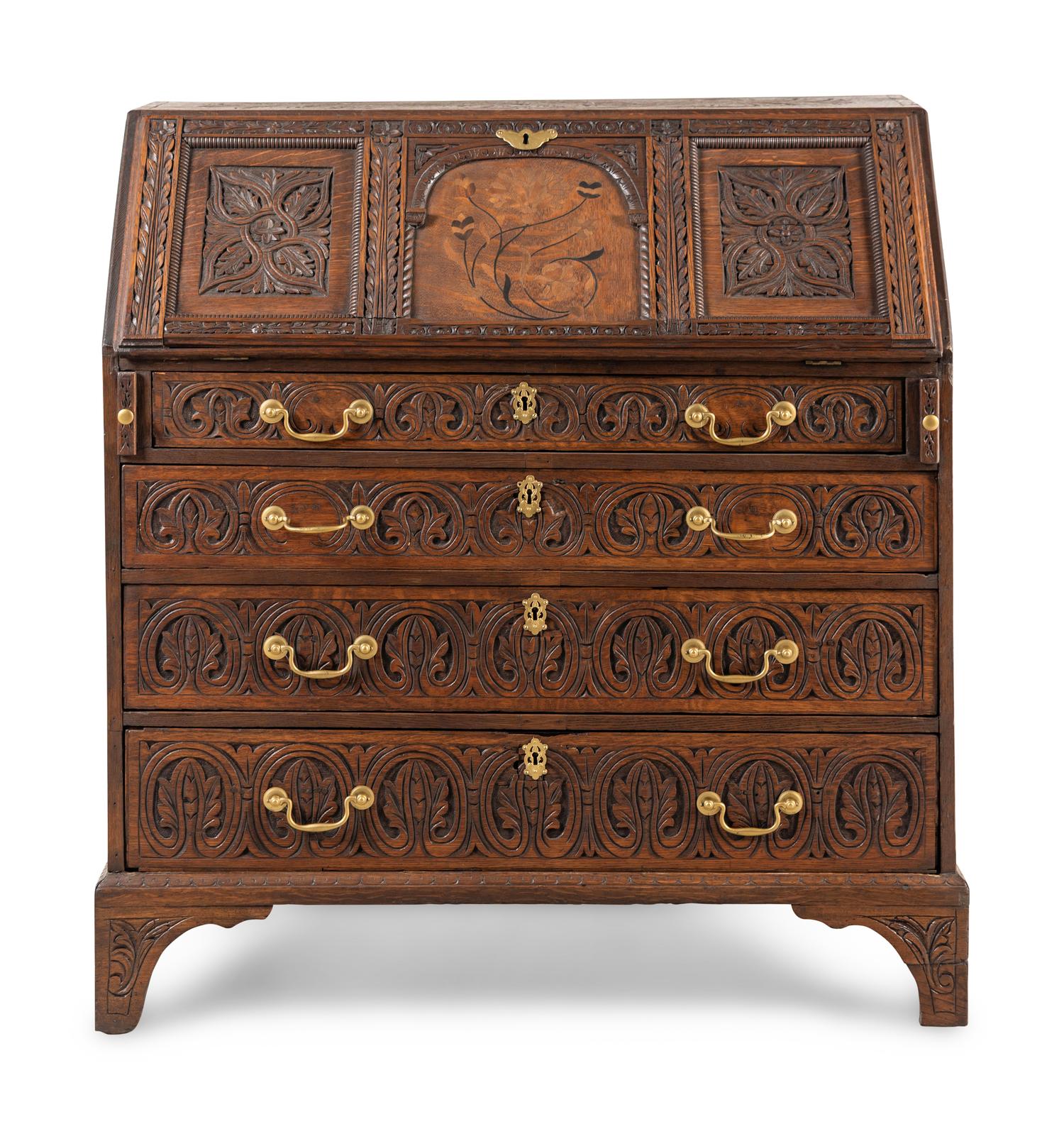 An Anglo-Indian Style Carved Oak and Marquetry Fall-Front Bureau