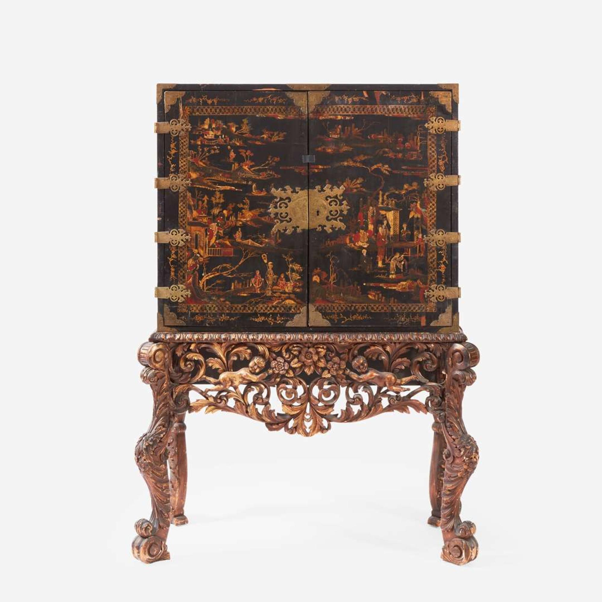 A George III Gilt Decorated Black Lacquered Cabinet on Stand late 18th century