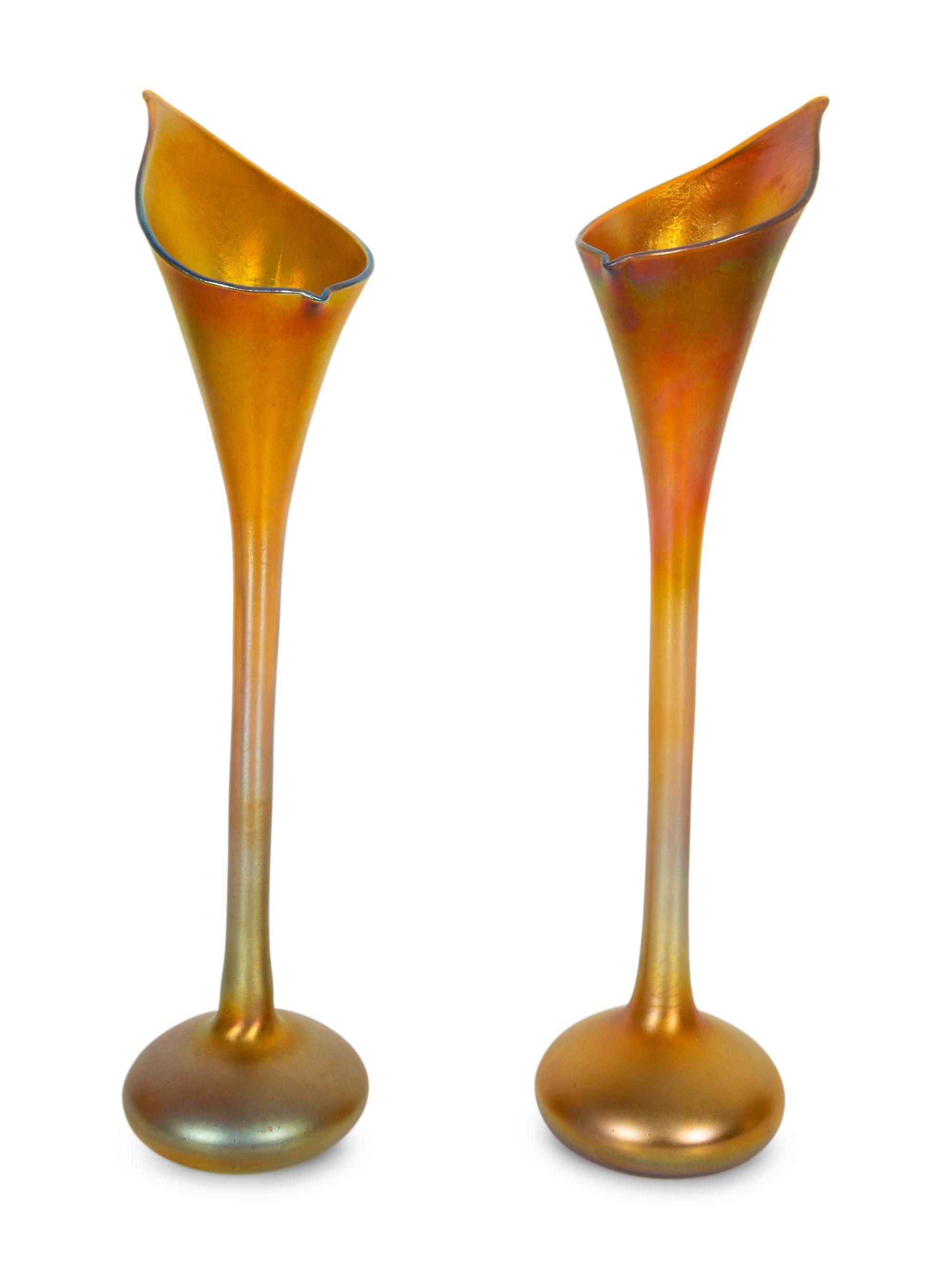 Pair of Quezal Iridescent Glass Vases