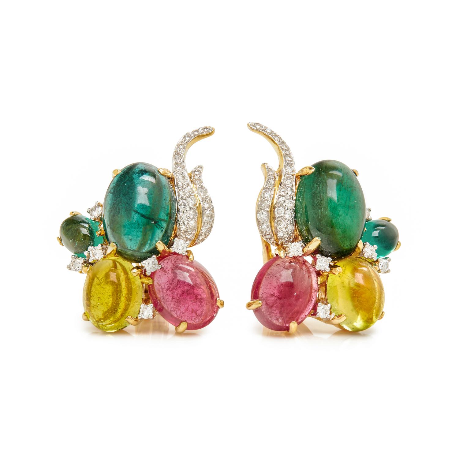 YELLOW GOLD, TOURMALINE AND DIAMOND CLIP EARRINGS