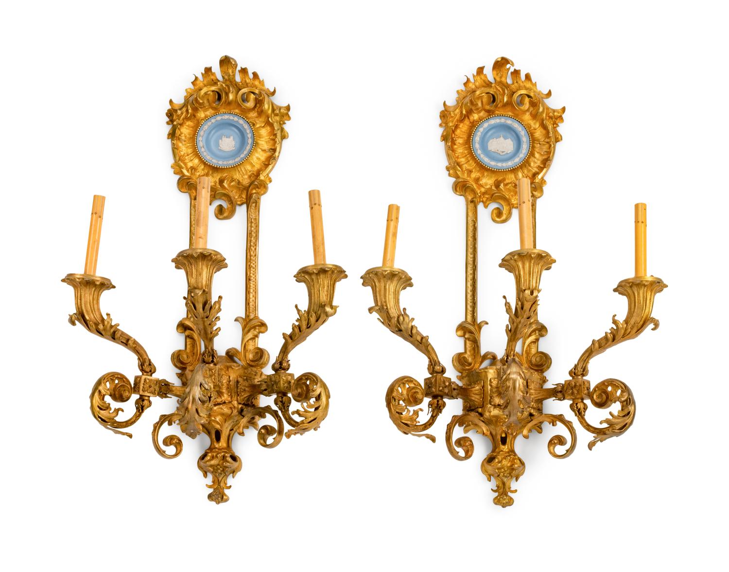 A Pair of Louis XV Style Blue and White Jasperware-Mounted Gilt-Bronze Three-Light Sconces — 19TH CENTURY