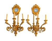 A Pair of Louis XV Style Blue and White Jasperware-Mounted Gilt-Bronze Three-Light Sconces — 19TH CENTURY