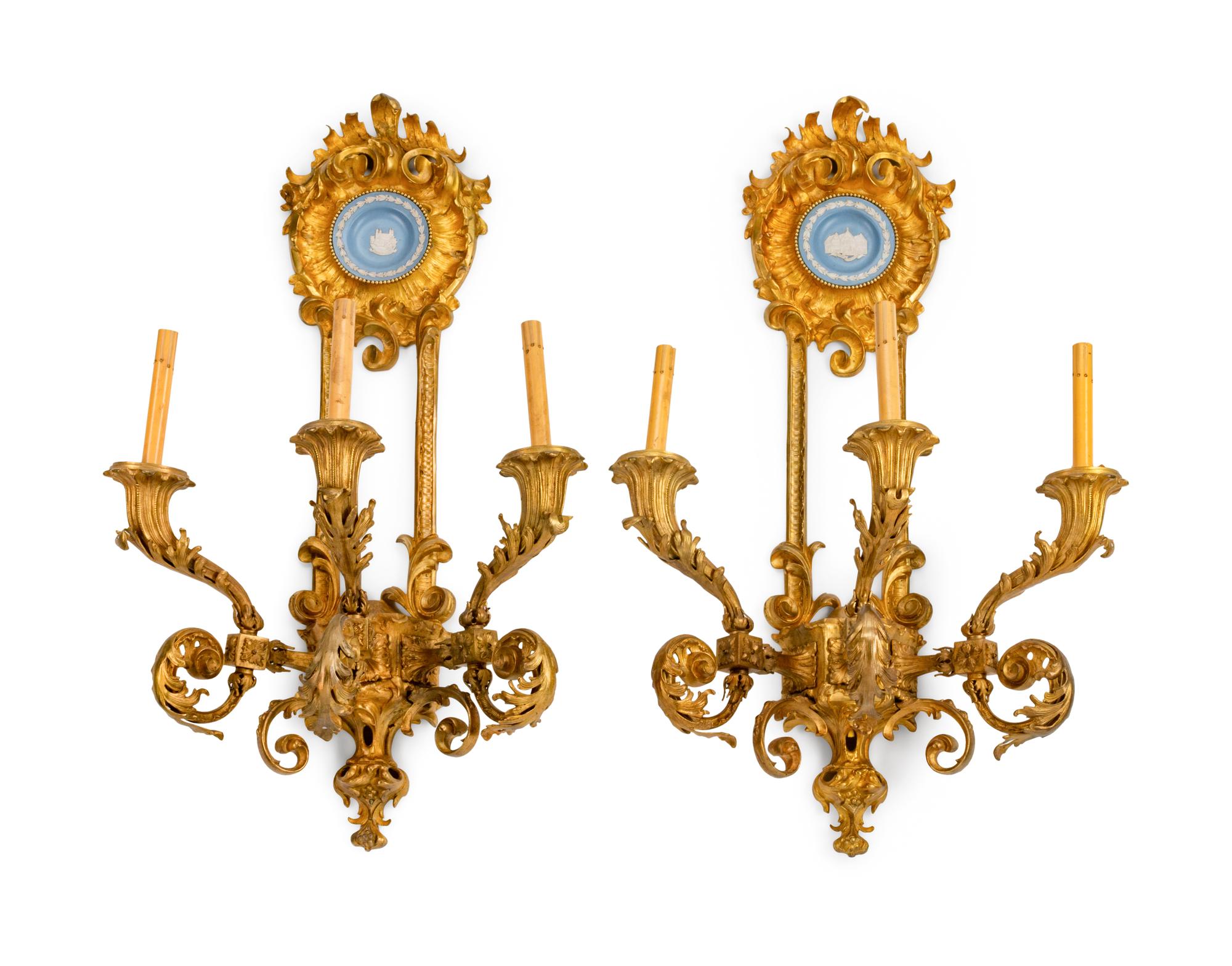 A Pair of Louis XV Style Blue and White Jasperware-Mounted Gilt-Bronze Three-Light Sconces — 19TH CENTURY