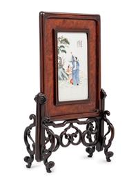 A Famille Rose Porcelain Inset Burlwood and Hardwood Table Screen