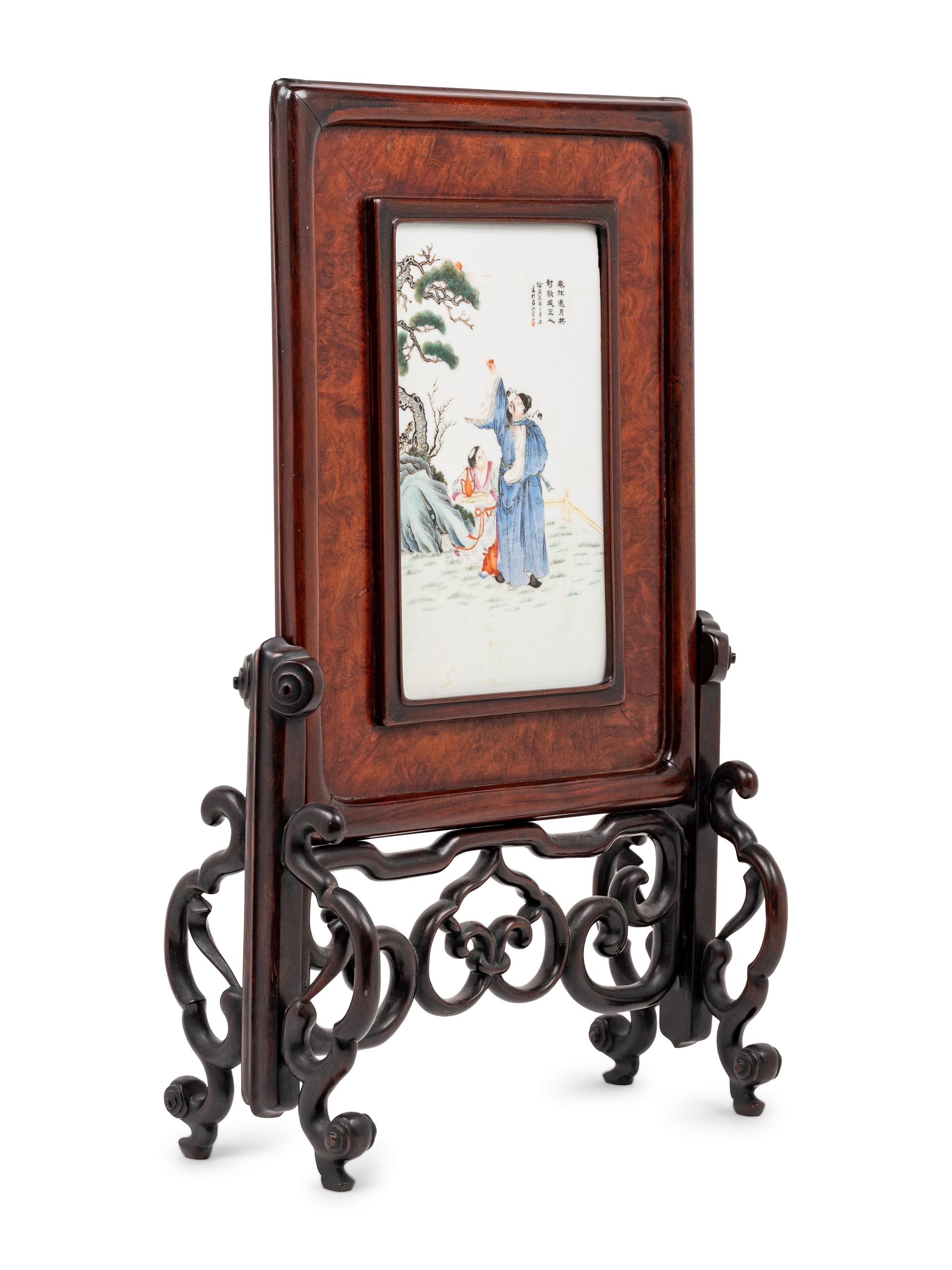A Famille Rose Porcelain Inset Burlwood and Hardwood Table Screen