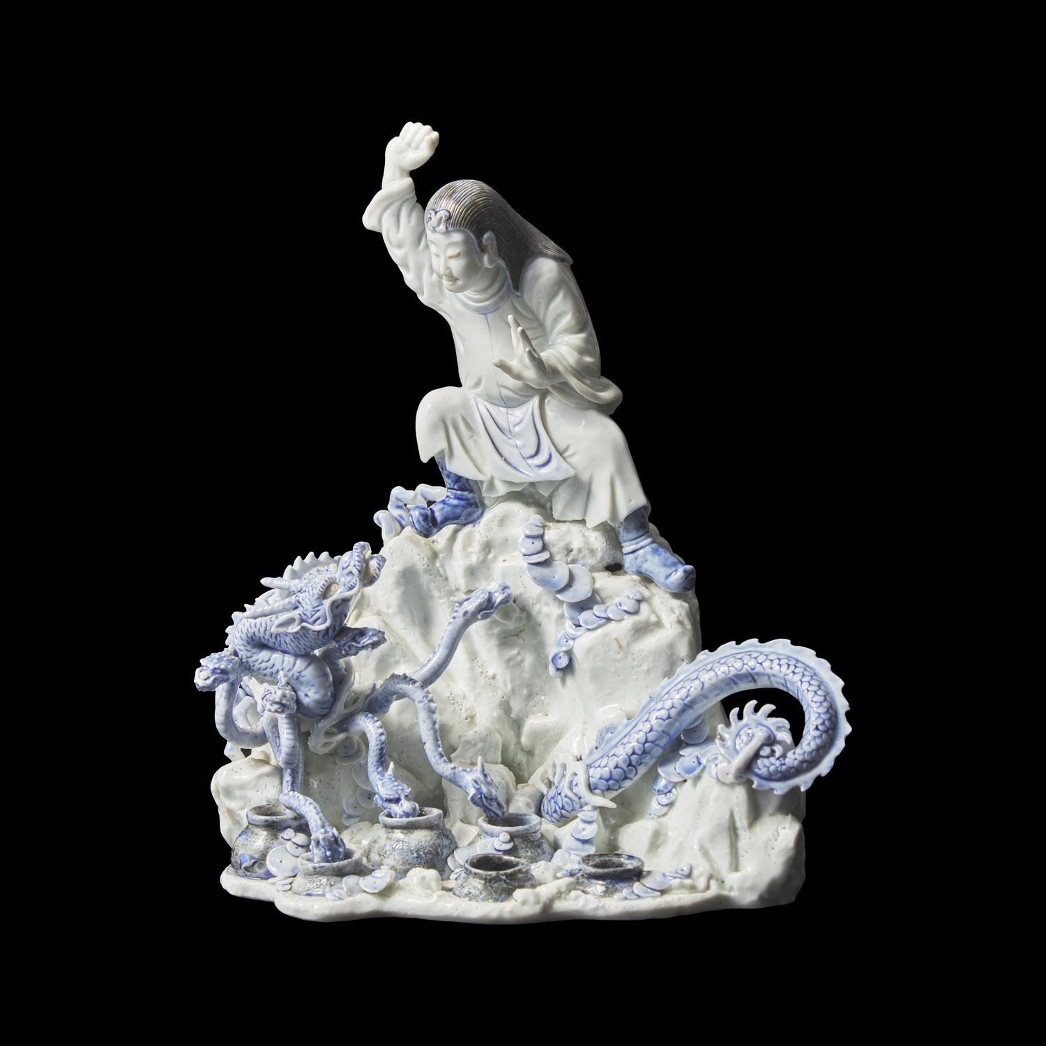 An Unusual Japanese Hirado Porcelain Okimono of Susa-no-o Slaying the Eight-Headed Dragon 日本明治時代 平戶燒九頭龍大神像