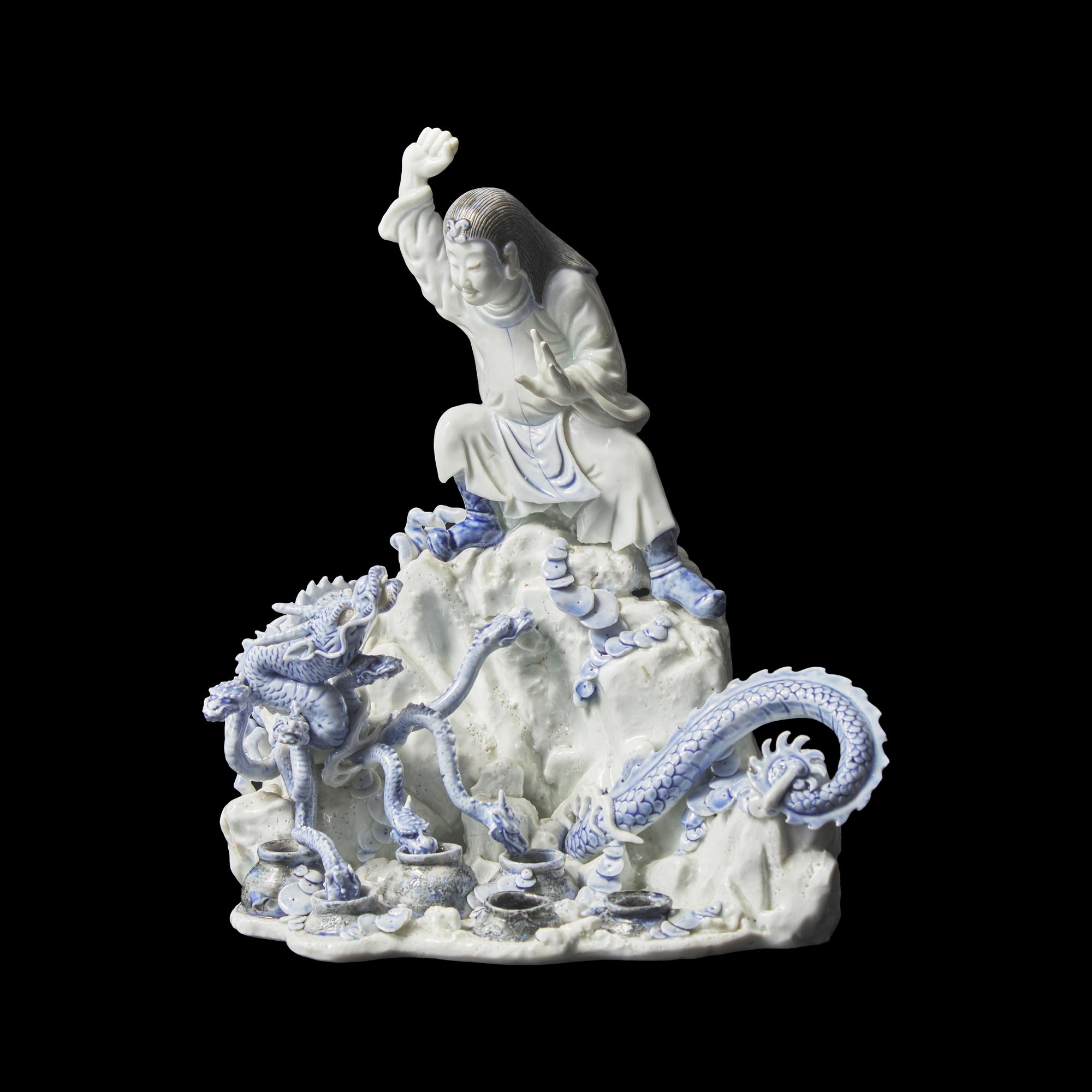 An Unusual Japanese Hirado Porcelain Okimono of Susa-no-o Slaying the Eight-Headed Dragon 日本明治時代 平戶燒九頭龍大神像