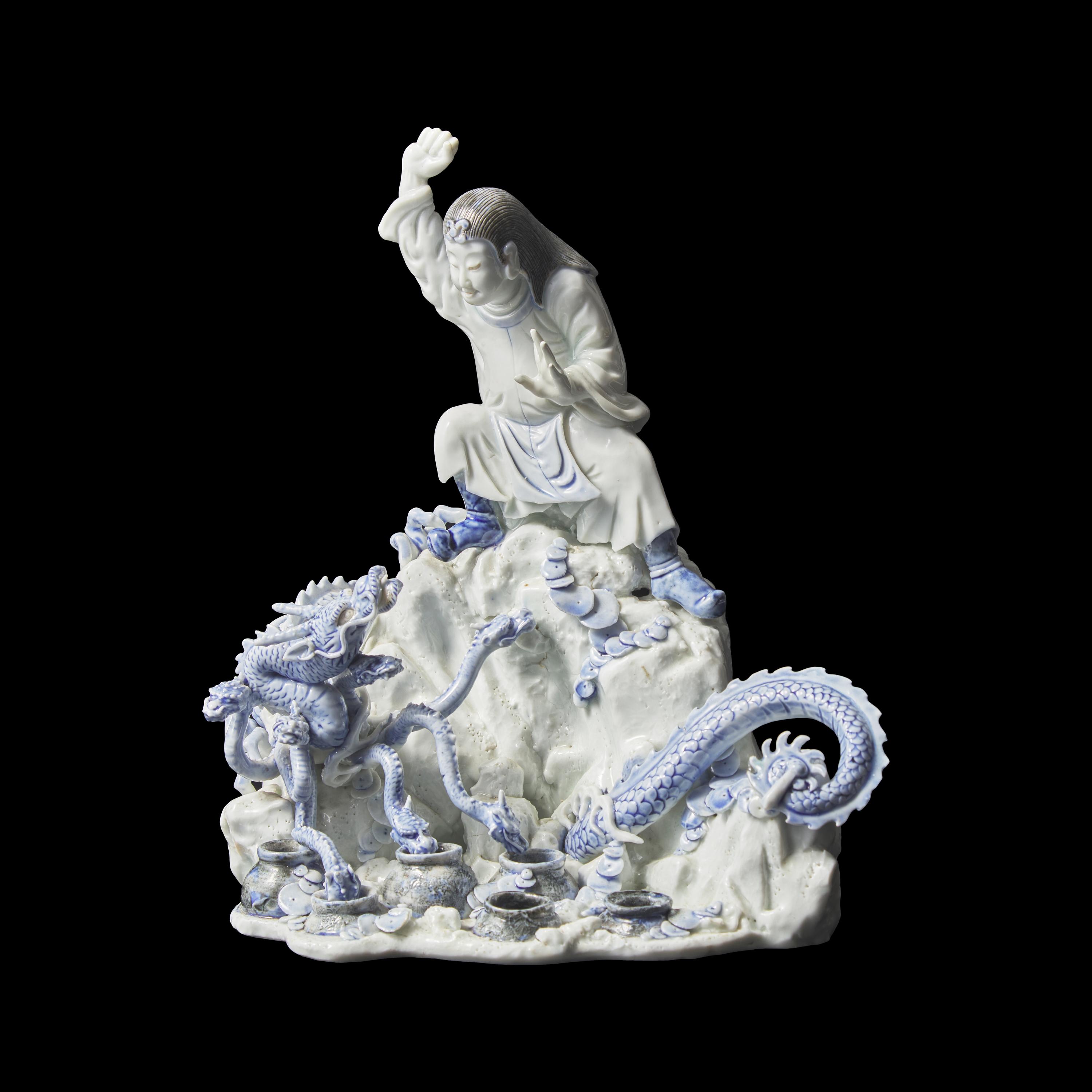 An Unusual Japanese Hirado Porcelain Okimono of Susa-no-o Slaying the Eight-Headed Dragon 日本明治時代 平戶燒九頭龍大神像